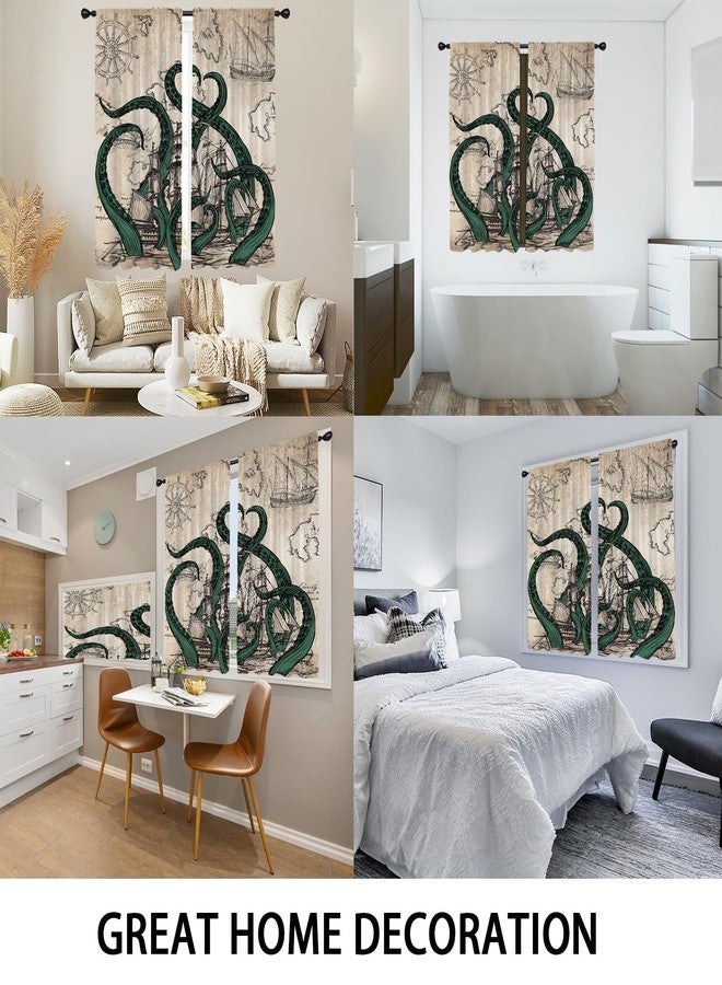 Coxila Vintage Octopus Kitchen Window Curtains 27.5 x 39 Inch Small Short Mini Cafe Rod Pocket Retro Nautical Ocean Coastal for Living Bedroom Room Home Treatment Set of 2 Curtain Panels Drapes Tiers - Image 5